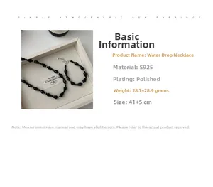 Detail view of S925 silver black onyx teardrop necklace set with size and weight specs