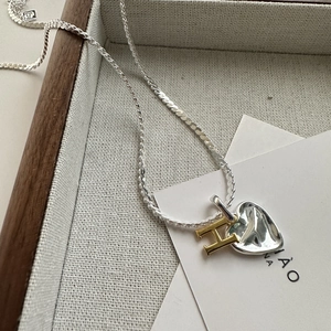 925 Sterling Silver Heart Pendant Necklace With Initial Letter H Two-Tone Gold Silver Women Korean Style Clavicle Chain Jewelry