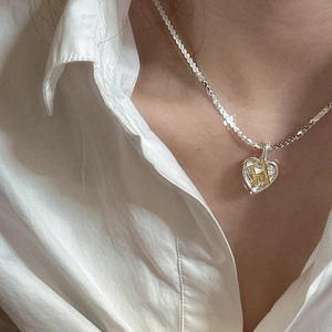 Minimalist S925 silver heart necklace with gold letter H pendant for women