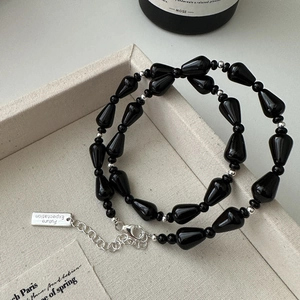 Vintage S925 Sterling Silver Water Drop Black Agate Necklace Niche Design Geometric Beaded Clavicle Chain Jewelry For Women