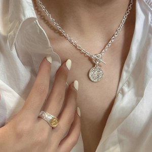 S925 sterling silver OT toggle necklace and textured gold coin ring jewelry set