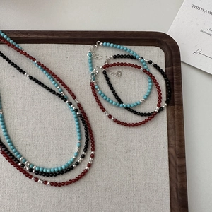 S925 sterling silver beaded bracelet set with agate and turquoise in minimalist style