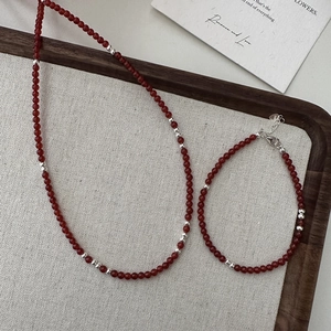 S925 sterling silver red agate bead bracelet and necklace set with heart charm extender