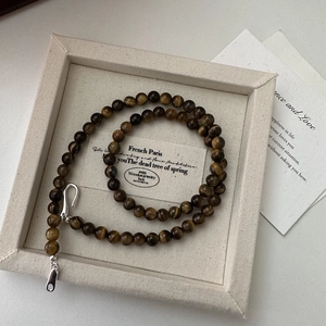 S925 sterling silver Tiger Eye stone beaded necklace with natural brown gemstone textures