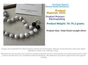 Detail of S925 sterling silver beaded necklace with marble white stones, 45cm total length