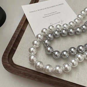 Elegant S925 sterling silver necklace with large round white and silver-grey pearls