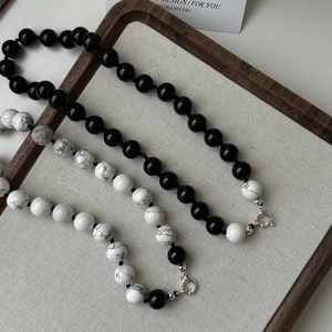 S925 Sterling Silver Beaded Necklace Minimalist Agate Turquoise Clavicle Chain For Women Retro Marble Pattern Beads Jewelry