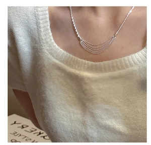Detailed view of S925 sterling silver multilayer bead fringe necklace on a model