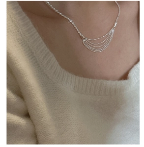 Detail of layered S925 sterling silver tassel necklace on a white knit sweater background