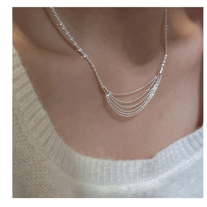Detail of S925 sterling silver layered tassel necklace on a model's neck for a chic look