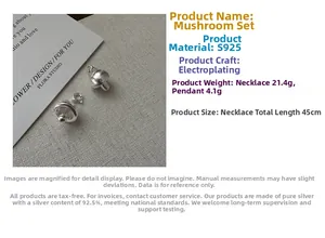 Detail view of s925 silver mushroom pendant set with specifications and plating texture