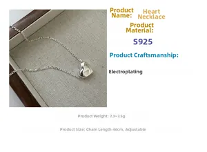 Détail du collier cœur ajustable en argent S925 avec longueur 46cm et poids de 7,5g
