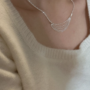 Minimalist S925 sterling silver multi-layered fringe necklace with a shimmering bead chain