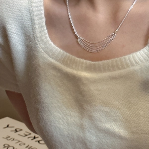 Minimalist S925 sterling silver layered necklace with beaded tassel and twisted chain