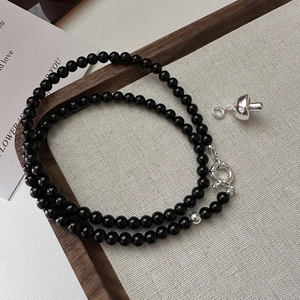 S925 Sterling Silver Mushroom Pendant Necklace Black Agate Beaded Choker For Women Vintage Inlaid Rhinestone Jewelry Gift