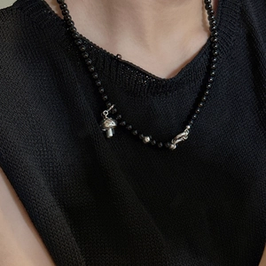 S925 sterling silver mushroom pendant necklace with black onyx beads and metal twist detail