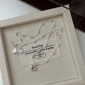 S925 Sterling Silver Heart Pendant Necklace For Women Minimalist Beaded Chain Polished Heart Clavicle Chain Jewelry Gift