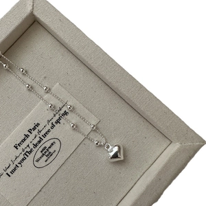 S925 sterling silver heart pendant necklace with beads on a minimalist cable chain