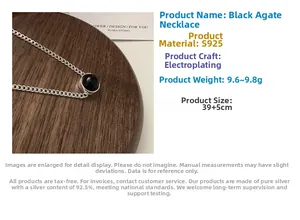 Macro shot of S925 silver black agate necklace showing weight and dimensions detail