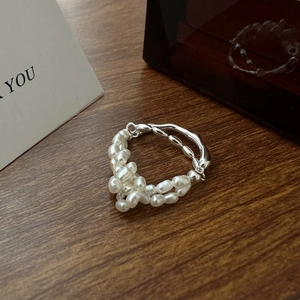 Bague En Argent 925 Künstliche Perle Baroque Irrégulière Double Couche Design De Niche Vintage Français Ajustable Pour Femmes