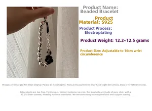 Adjustable S925 sterling silver beaded bracelet with black woven cord and floral accents