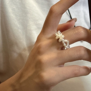 Bague en argent S925 faite à la main avec perles en grappe de fleurs double couche