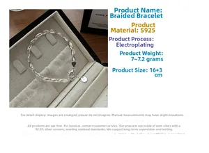 Macro view of S925 sterling silver woven bracelet with 16+3cm size label in gift box
