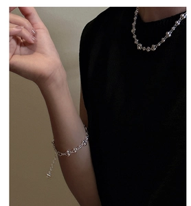 Detailed view of S925 sterling silver beaded necklace and bracelet set on a model