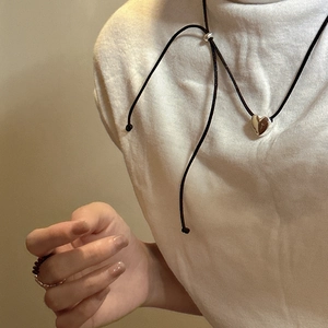 Minimalist S925 silver heart necklace with black cord and matching beaded rings