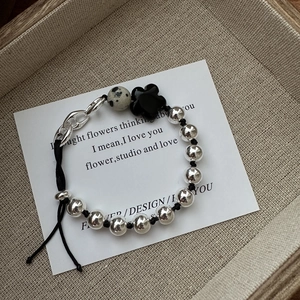 925 Sterling Silver Pig Nose Link Bracelet For Women Adjustable Black Flower Dalmatian Jasper Beaded Bracelet Jewelry Gift