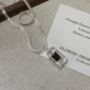 S925 sterling silver woven chain necklace featuring a vintage black zircon pendant