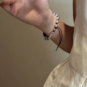 S925 sterling silver pig nose bead bracelet with natural stone and adjustable black cord