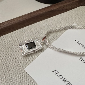 S925 silver woven chain necklace with rectangular black zircon pendant in minimalist style