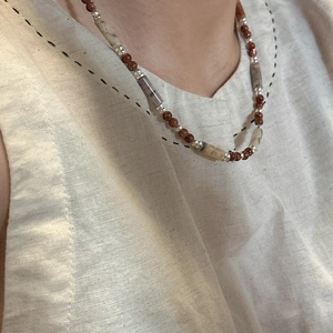 Vintage S925 silver beaded necklace with brown gemstones and marble-textured beads