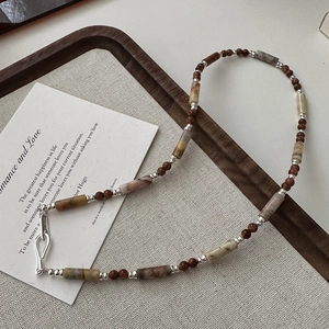 Handmade S925 silver necklace with autumn brown stone beads and vintage marble columns