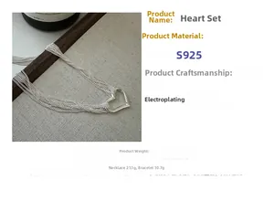Detailed specs of S925 sterling silver heart necklace and bracelet set with weight info