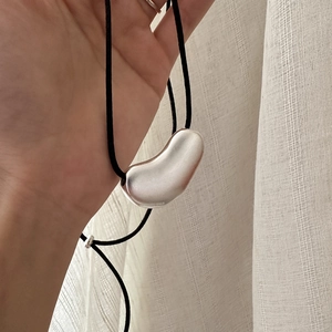 S925 Sterling Silver Bean Pendant Necklace For Women Minimalist Frosted Irregular Shape Adjustable Black Cord Sweater Chain Jewelry
