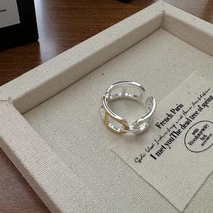 Minimalist S925 silver two-tone open ring featuring a geometric anchor chain design