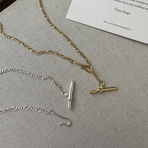 925 Sterling Silver Figaro Chain Necklace For Women Minimalist Gold Silver T-Bar Toggle Clasp Lariat Long Sweater Chain Jewelry
