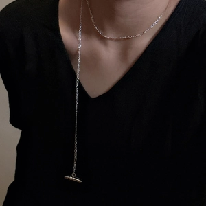 Minimalist S925 sterling silver Figaro long necklace with decorative T-bar toggle clasp