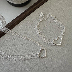 925 Sterling Silver Heart Pendant Multi Layered Chain Necklace And Bracelet Set Minimalist Korean Style Jewelry For Women