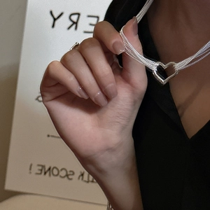 Minimalist S925 sterling silver heart necklace with multi-layered fine woven chain