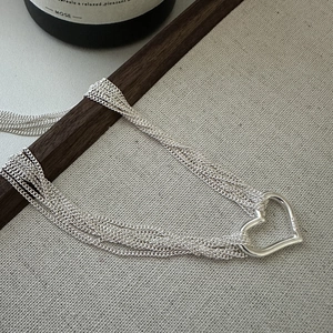 S925 sterling silver multi-layer necklace with a minimalist heart-shaped open pendant