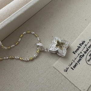 S925 Sterling Silver Arabesque Pendant Necklace Vintage Gold Silver Two-tone Scroll Pattern Clover Charm For Women Jewelry