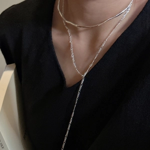 S925 sterling silver layered necklace set with wavy choker and Y-shaped figaro chain