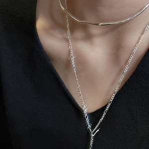 S925 sterling silver liquid-style wave choker and long Figaro chain necklace set
