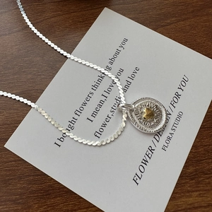 Vintage S925 Sterlingsilber Zweifarbig Anhänger Halskette Für Damen Gold Herz Sonnenstrahl Textur Rund Münze Minimalistisch Schmuck
