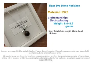 Détails du collier œil de tigre en argent S925, perle 14,3mm et chaîne de 59cm