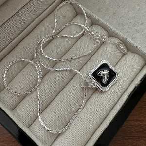 925 Sterling Silver Heart Pendant Necklace For Women Minimalist Black Enamel Geometric Square Chain Choker Fashion Jewelry