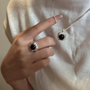 Vintage S925 sterling silver black agate ring and necklace set with lava texture design